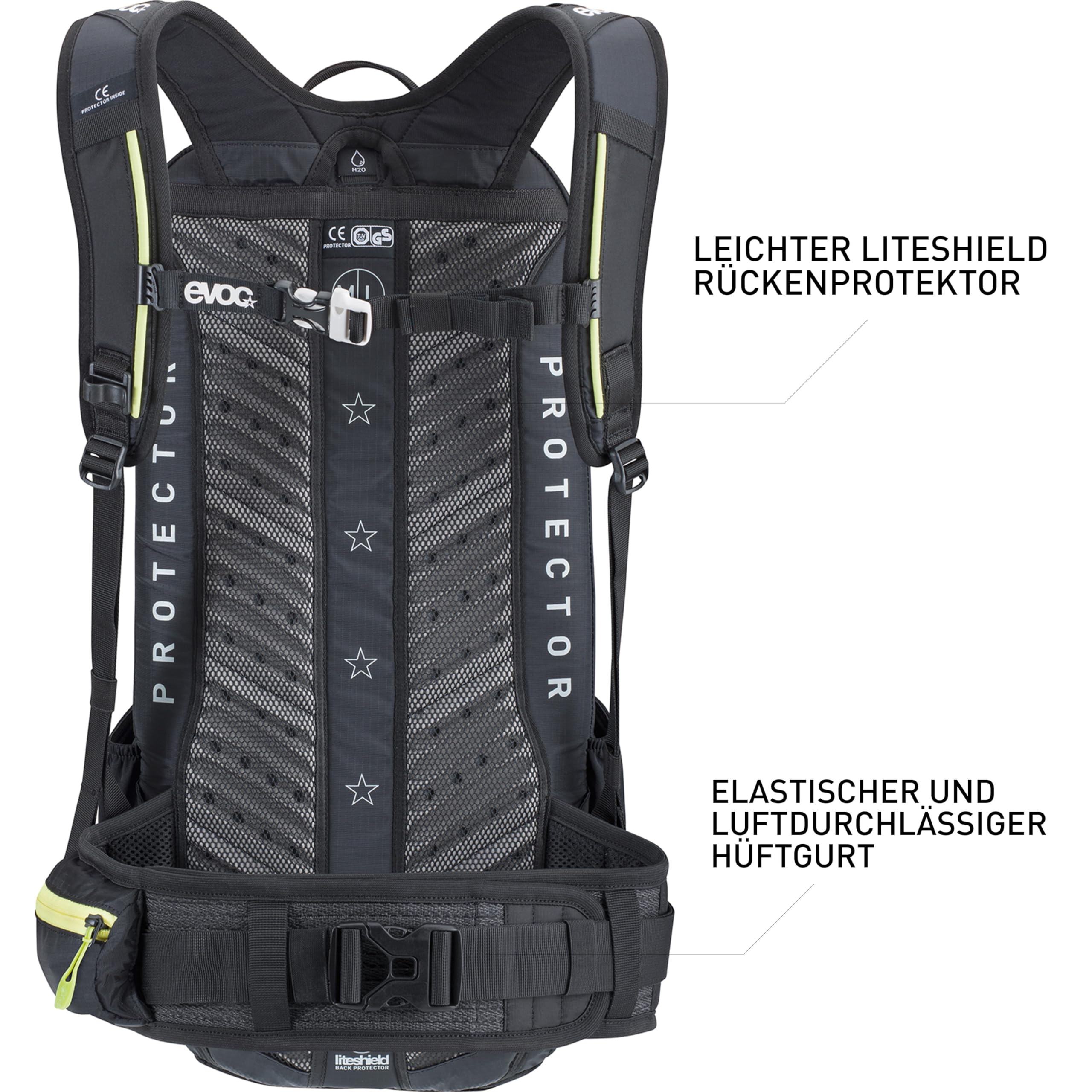 EVOC FR Enduro Blackline Backpack back view highlights breathable harness for long rides.