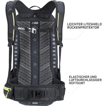 EVOC FR Enduro Blackline Backpack back view highlights breathable harness for long rides.