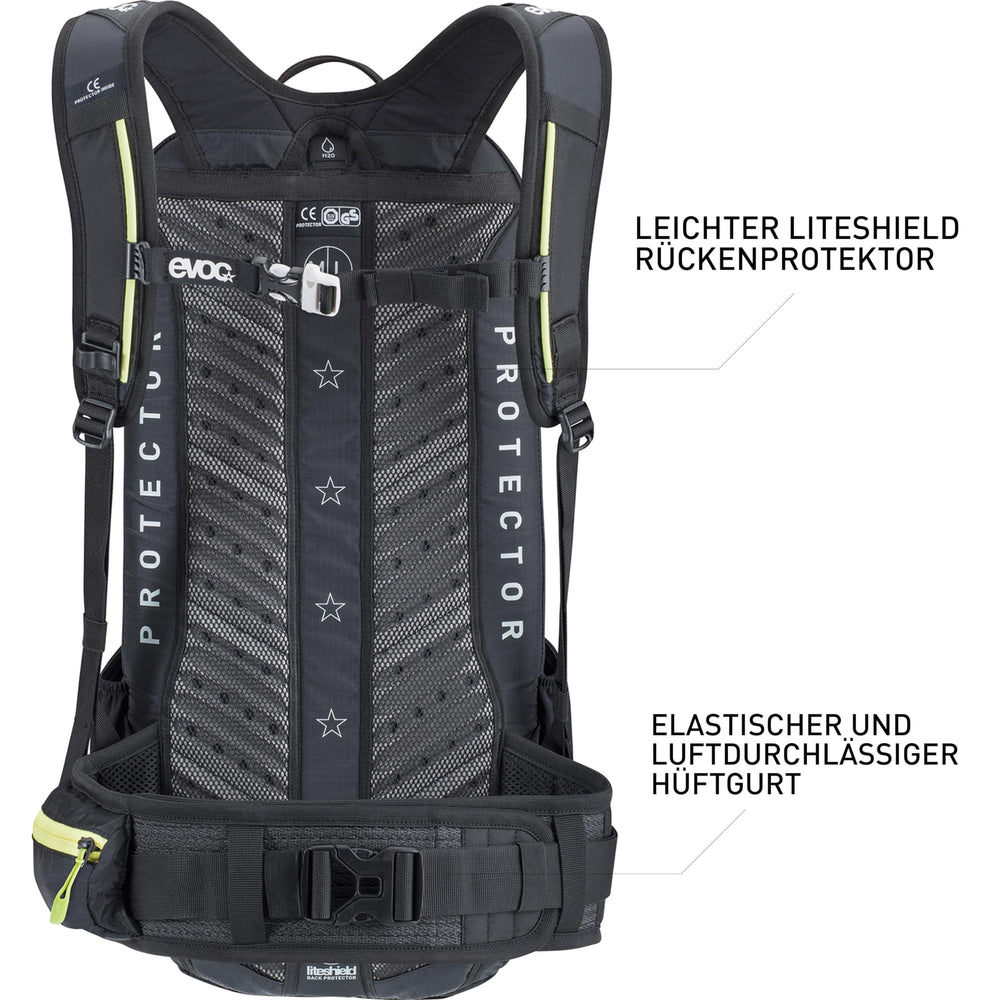 EVOC FR Enduro Blackline Backpack back view highlights breathable harness for long rides.