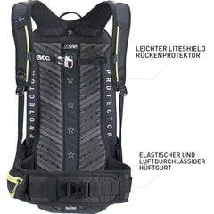 EVOC FR Enduro Blackline Backpack back view highlights breathable harness for long rides.