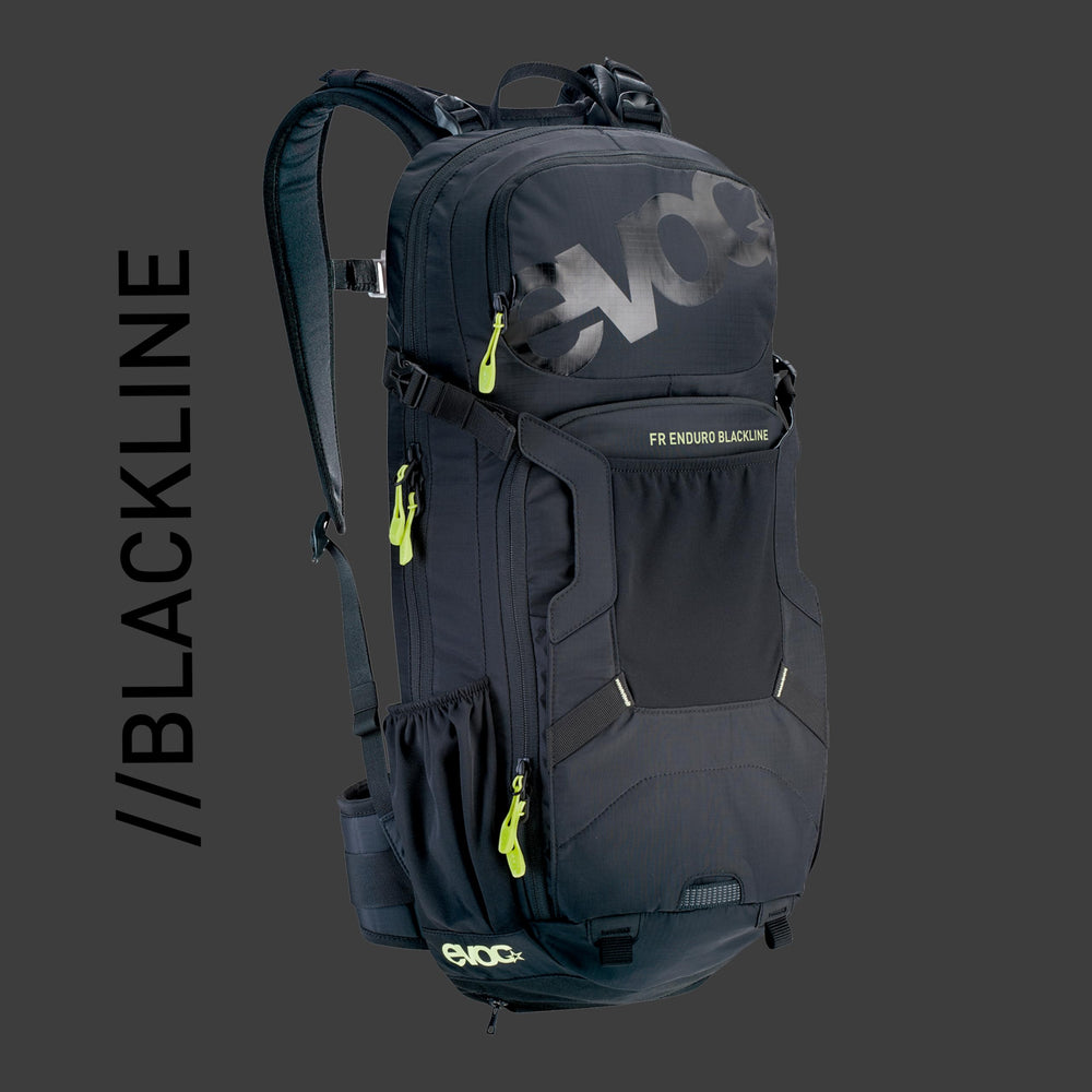 EVOC FR Enduro Blackline Backpack clip closeup highlights rugged hardware and reliability.