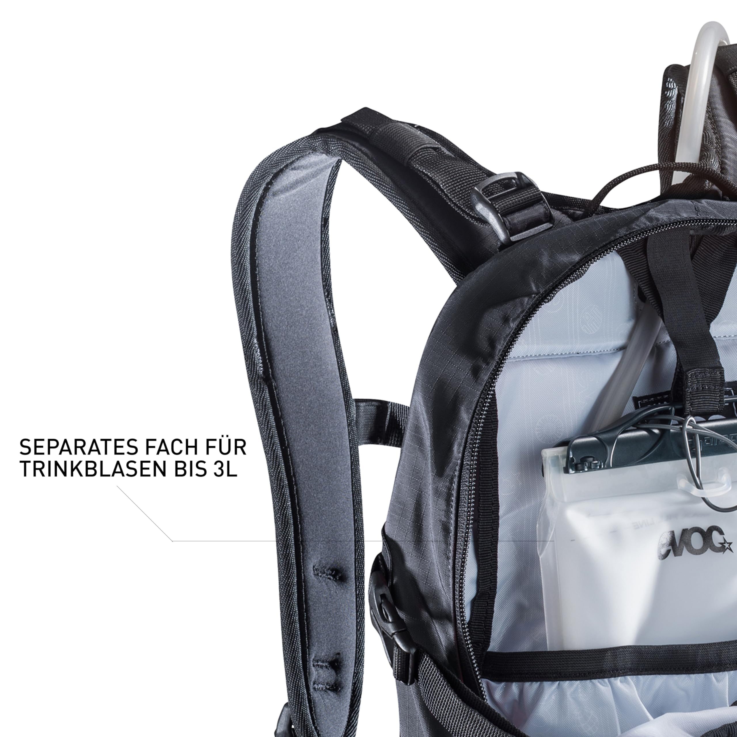 EVOC FR Enduro Blackline Backpack side view demonstrates slim profile and easy access.