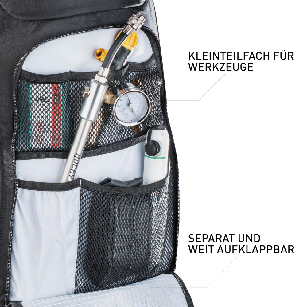 EVOC FR Enduro Blackline Backpack strap detail emphasizes secure fit during aggressive riding.