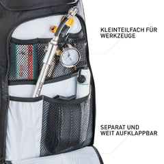 EVOC FR Enduro Blackline Backpack strap detail emphasizes secure fit during aggressive riding.