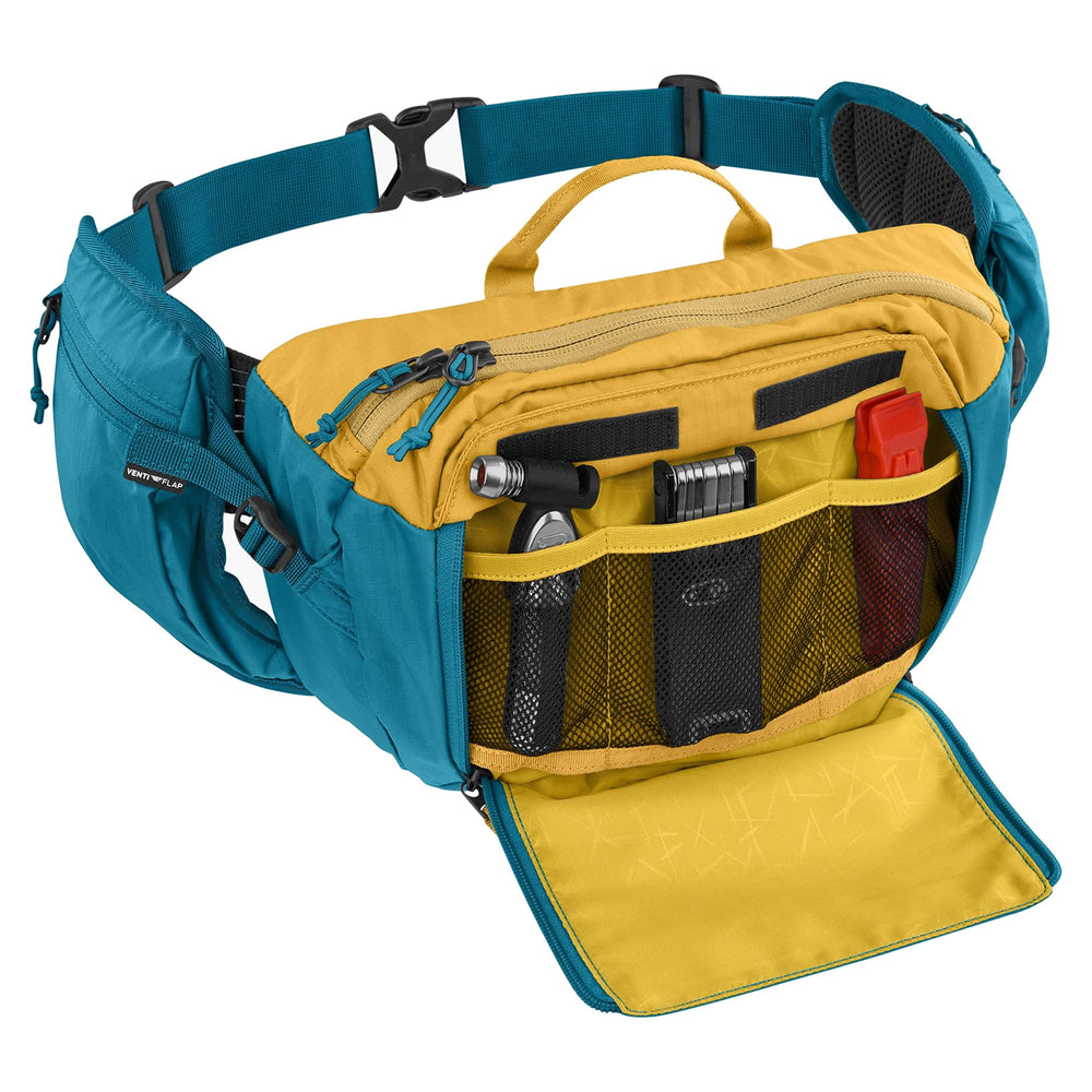 EVOC HIP PACK 3 adjustable hip belt image emphasizes secure fit during long rides.