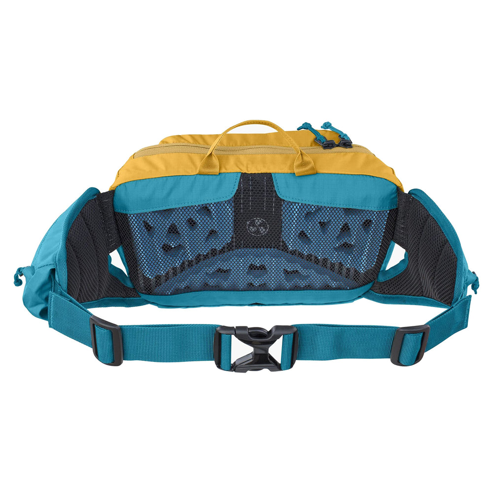 EVOC HIP PACK 3 venti flap system shows adjustable fit for comfort on climbs.