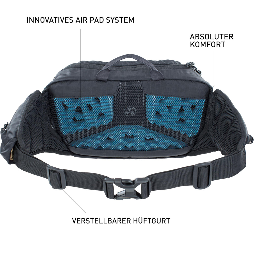 EVOC HIP PACK 3L back panel with AIRFLOW CONTACT SYSTEM for better ventilation.