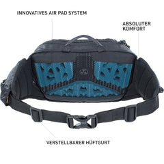 EVOC HIP PACK 3L back panel with AIRFLOW CONTACT SYSTEM for better ventilation.