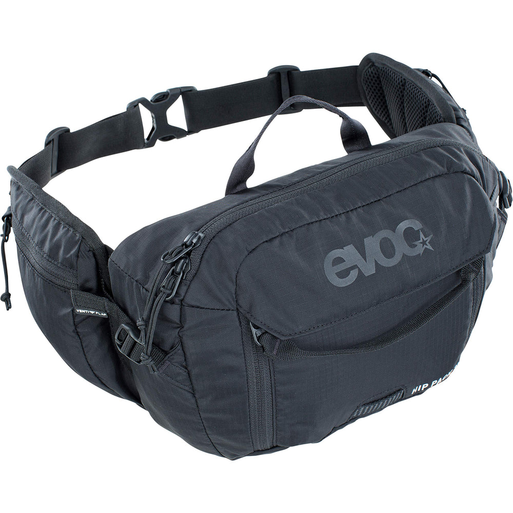 EVOC HIP PACK 3L front view in black showing secure fit for long rides.