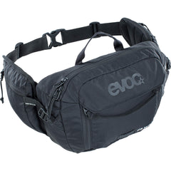 EVOC HIP PACK 3L front view in black showing secure fit for long rides.