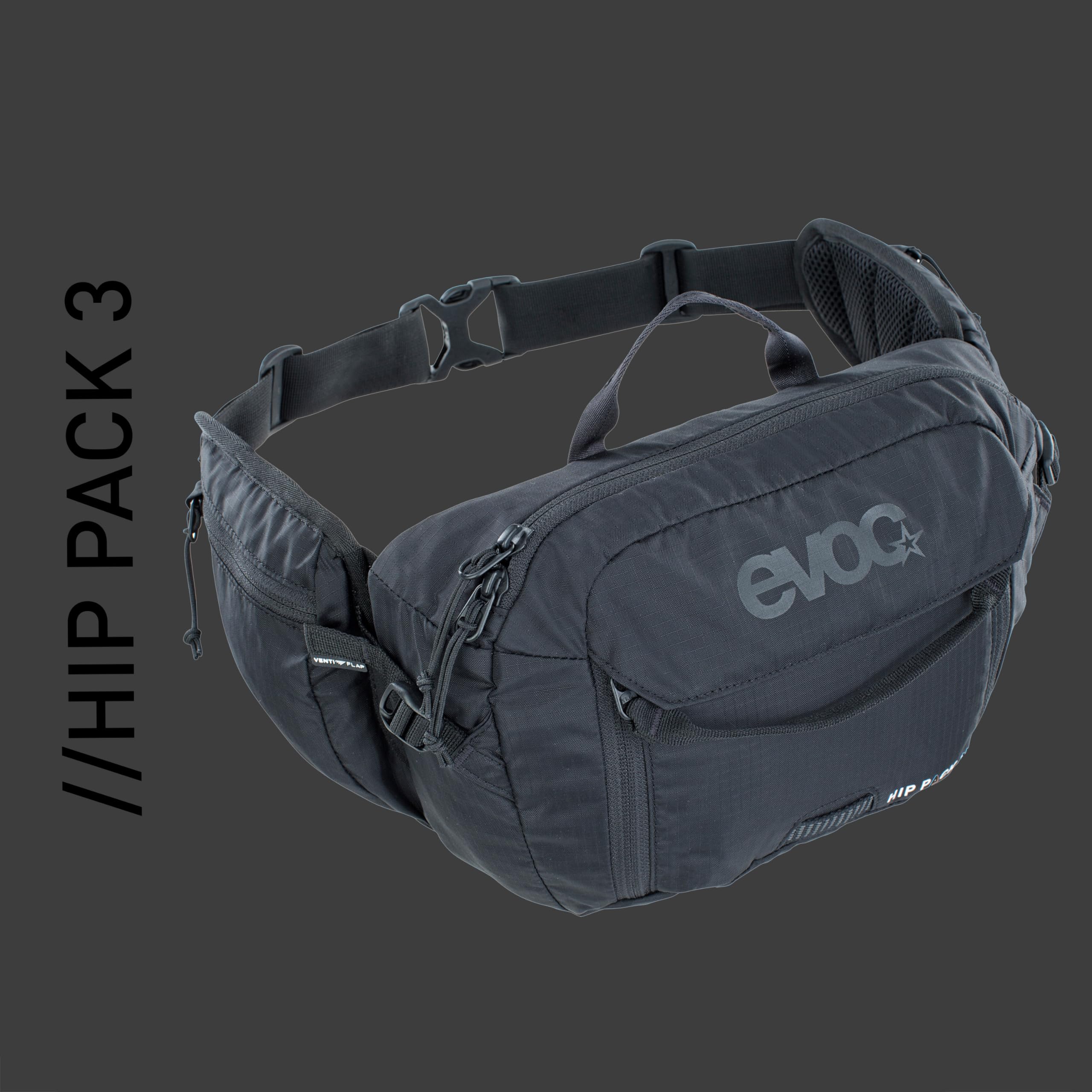 EVOC HIP PACK 3L hip belt pockets for easy access to small items.