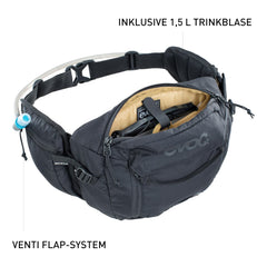 EVOC HIP PACK 3L with VENTI FLAP adjustment to keep it close on descents.