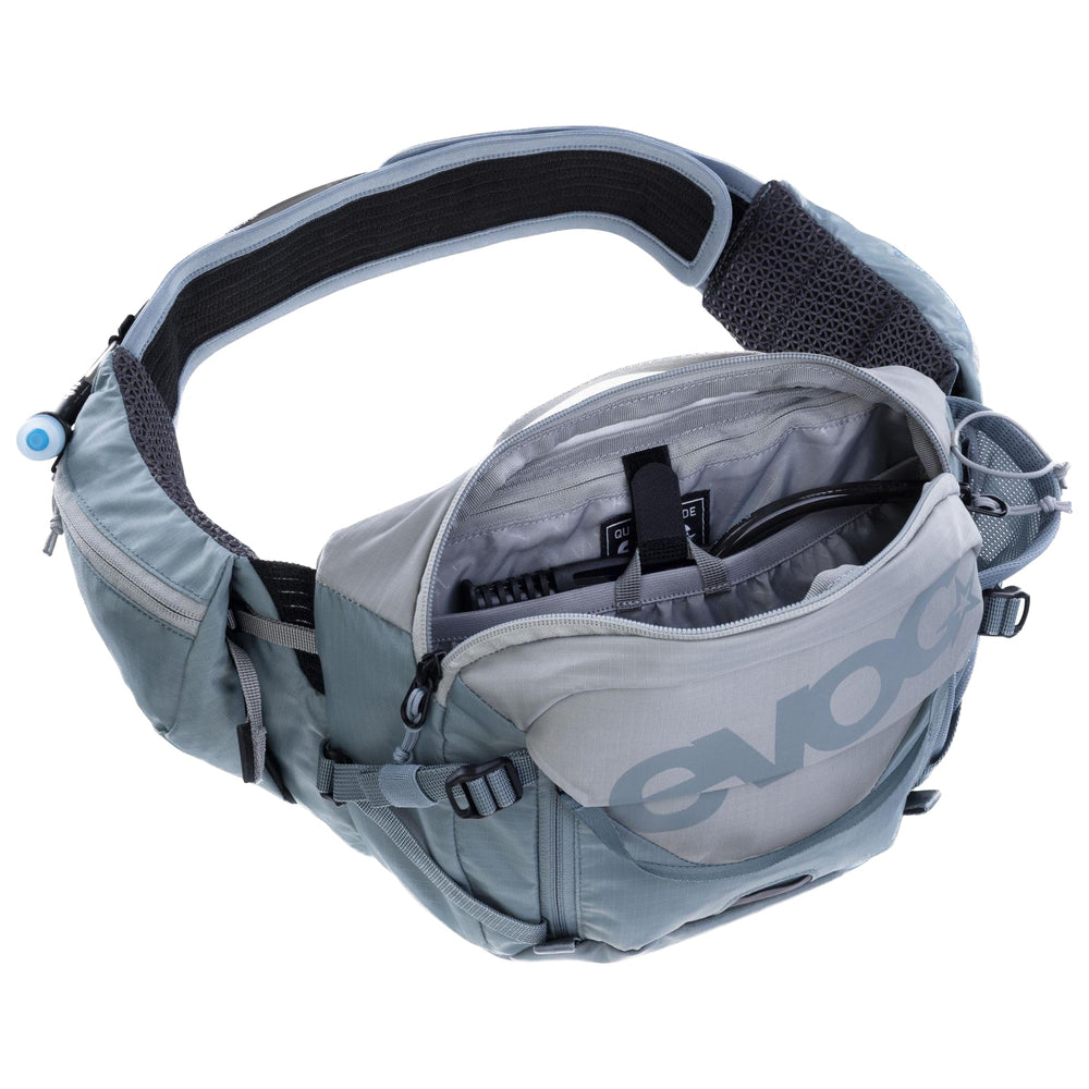 EVOC HIP PACK PRO 3 COMPRESSION STRAPS adjust volume for compact or full cargo.