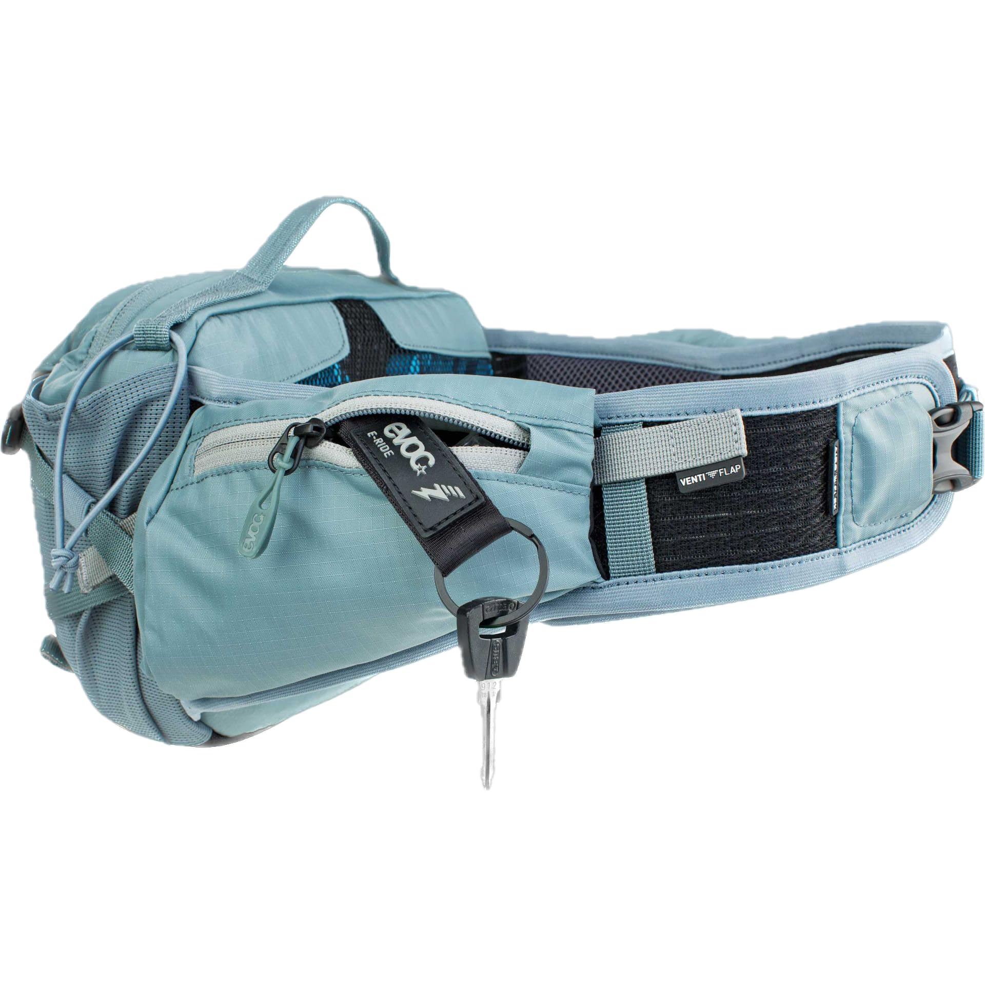 EVOC Hip Pack Pro E-Ride 3 hip belt close-up highlighting materials and adjustability