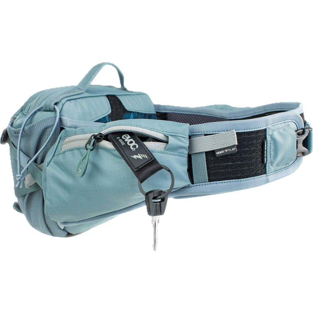 EVOC Hip Pack Pro E-Ride 3 hip belt close-up highlighting materials and adjustability
