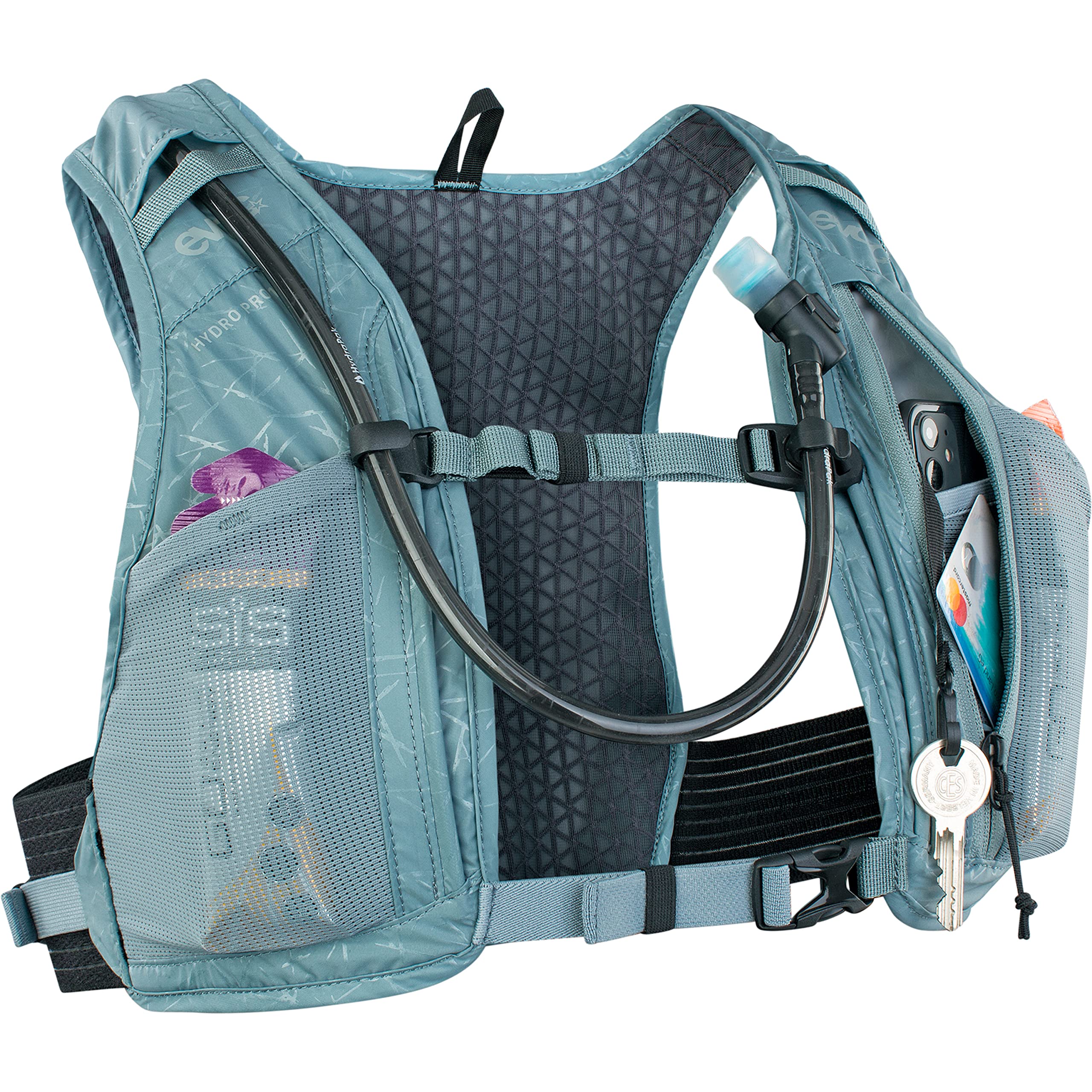 EVOC Hydro Pro 1.5L chest pocket access for essentials.