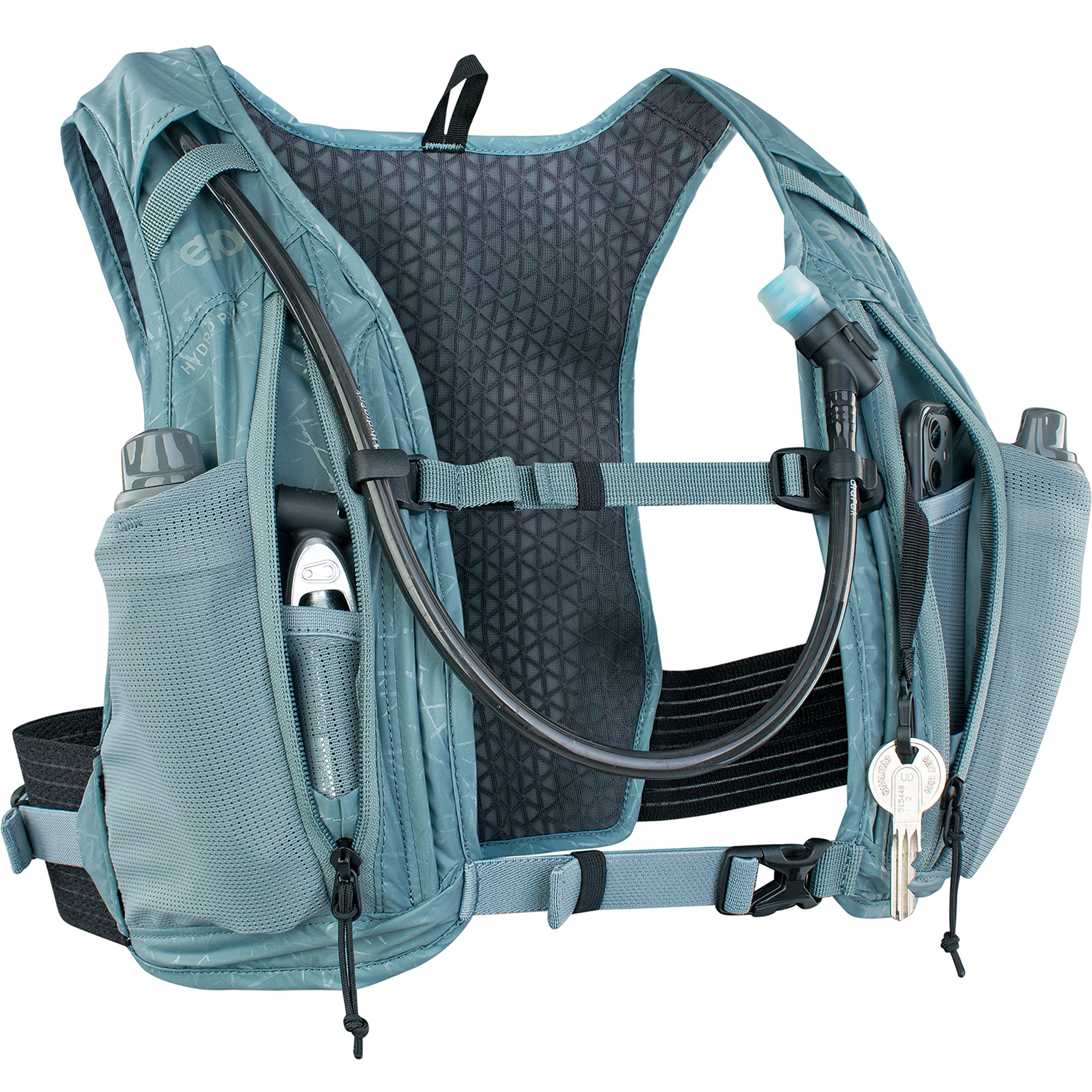 EVOC Hydro Pro 3 shoulder strap detail emphasizing lightweight comfort during rides.