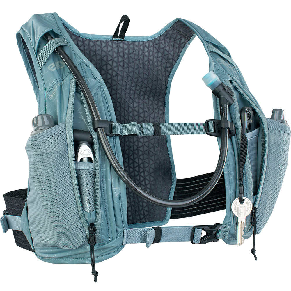 EVOC Hydro Pro 3 shoulder strap detail emphasizing lightweight comfort during rides.