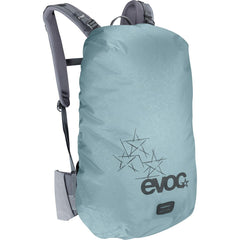 EVOC raincover sleeve on steel grey backpack protects gear from rain
