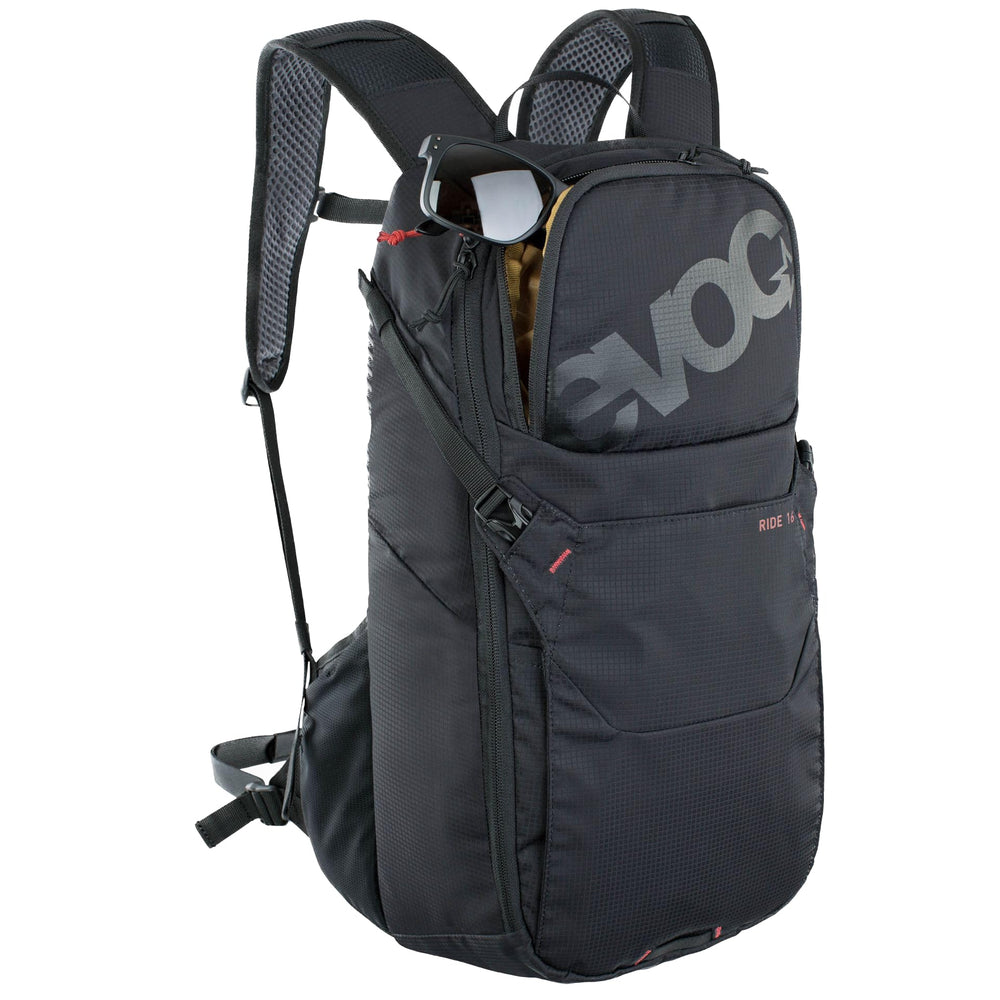EVOC Ride 16 backpack strap and hip fins for secure, comfortable carry