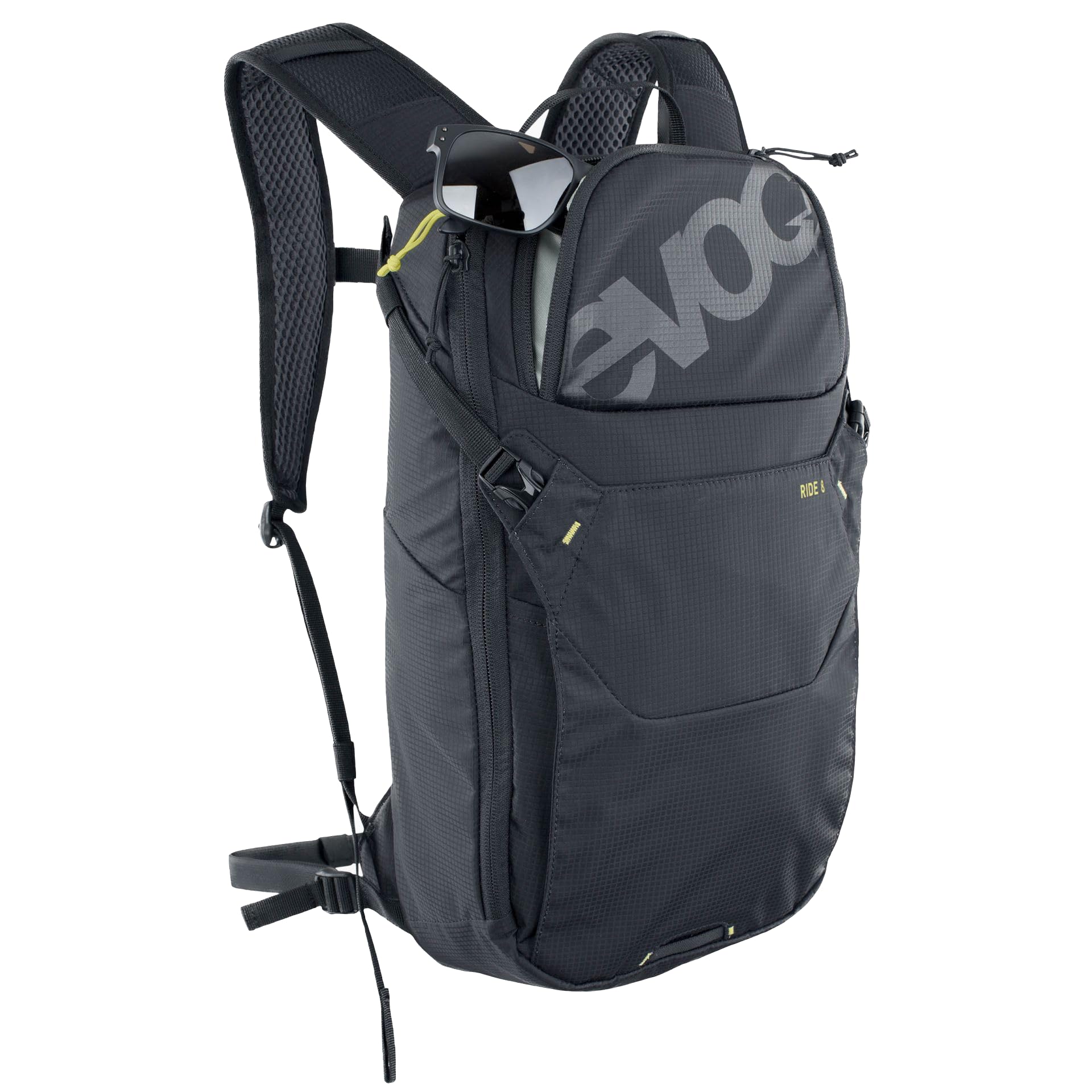 EVOC RIDE 8 includes a helmet holder for secure headgear during breaks.