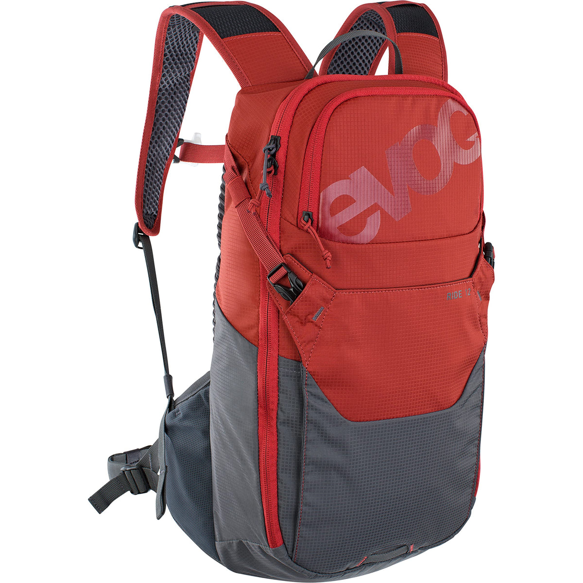 EVOC RIDE 12L bike backpack in chili red with ergonomic fit for trails.