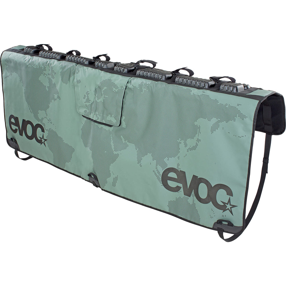 EVOC Tailgate Pad demonstrates secure bike fixation for up to six bikes on a pickup.