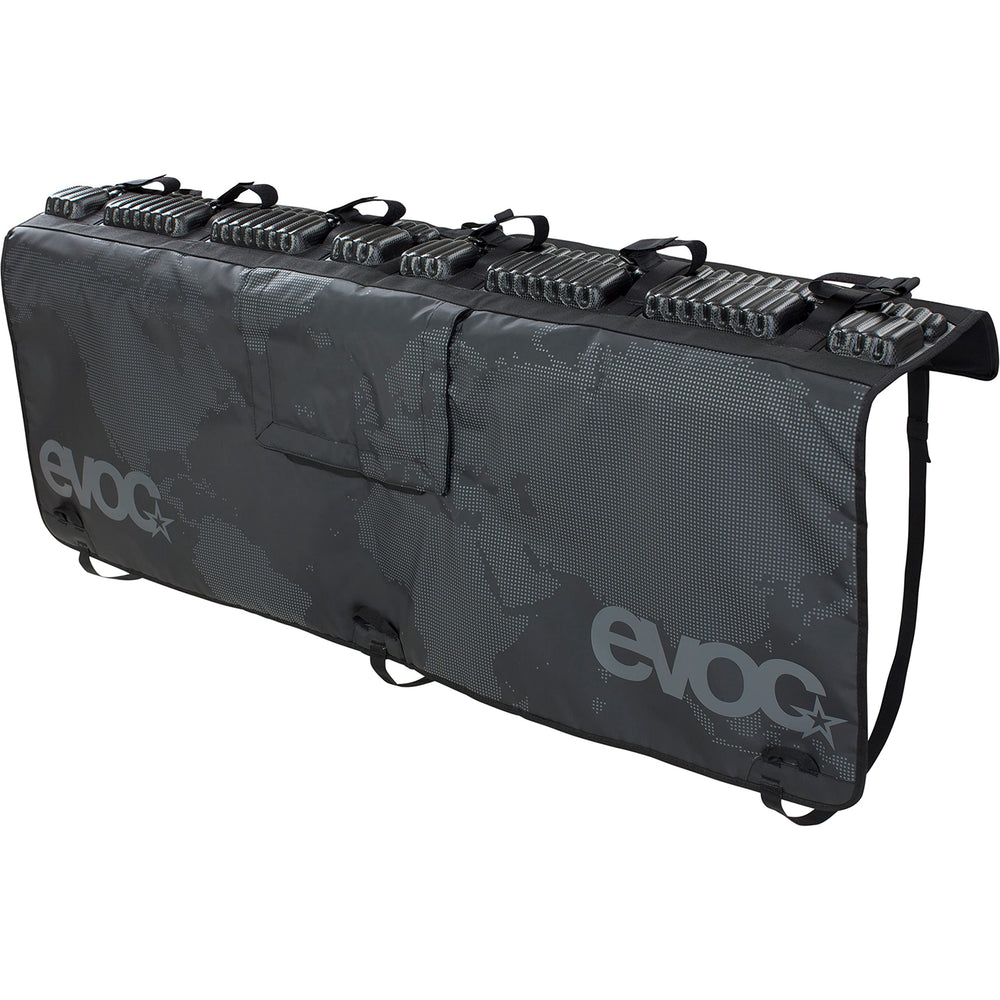 EVOC Tailgate Pad shows secure fixation for up to six bikes on XL pickup