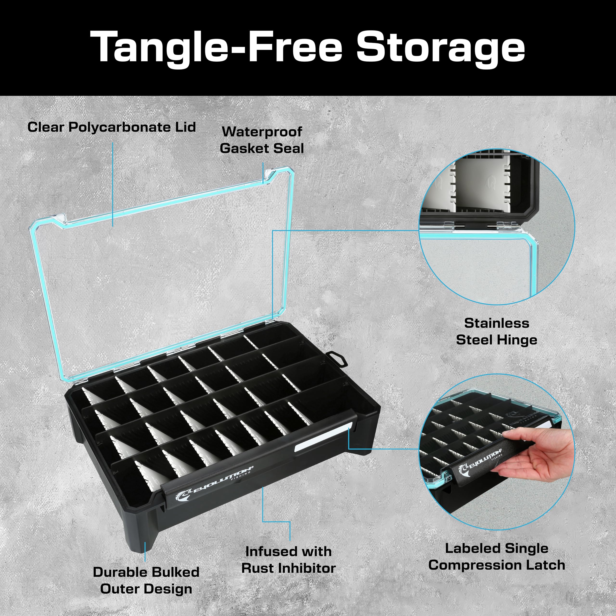 Notched dividers securely hold baits in BallistiX HANGR 3.7D tray