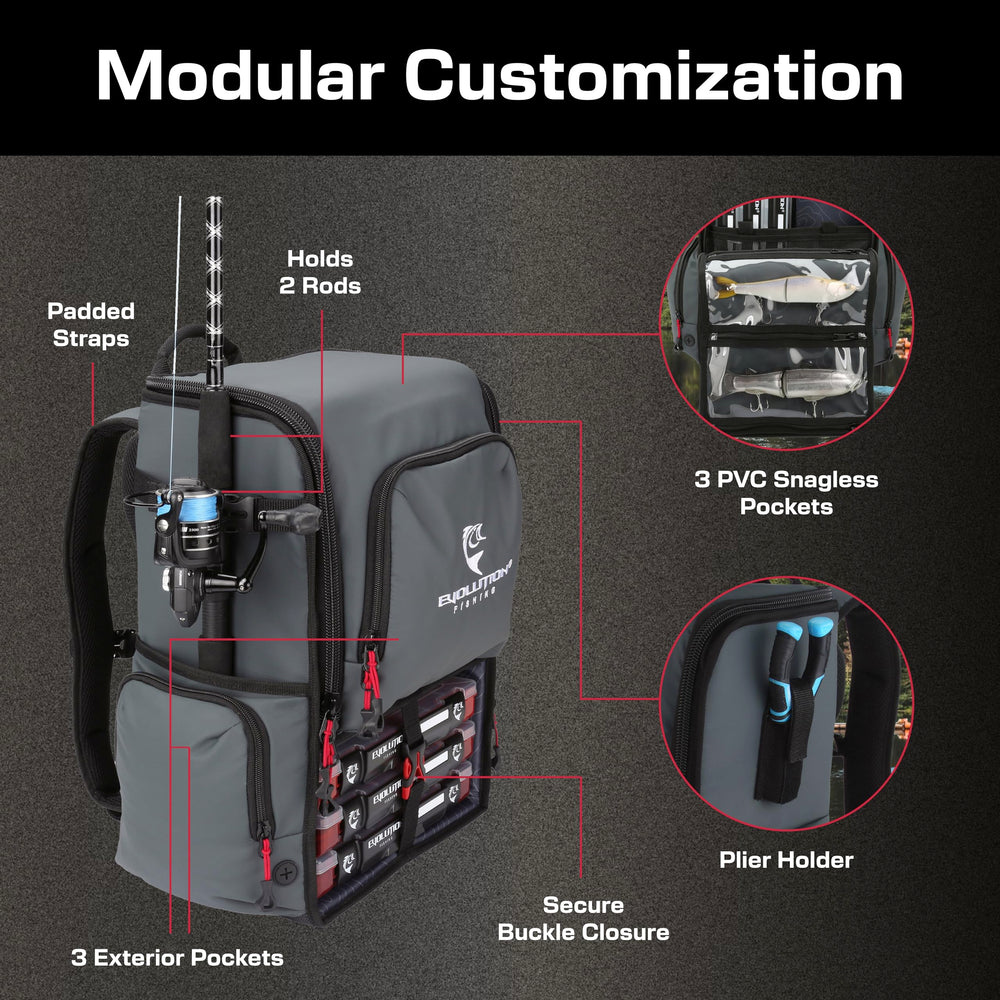 Side view showing rod holder on Evolution Fishing Largemouth 3.0 Tackle Backpack