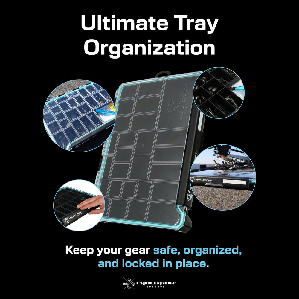 Evolution Outdoor BallistiX Terminal Tray dimensions 13.2 by 9.375 by 1.6 inches for standard tackle setups.