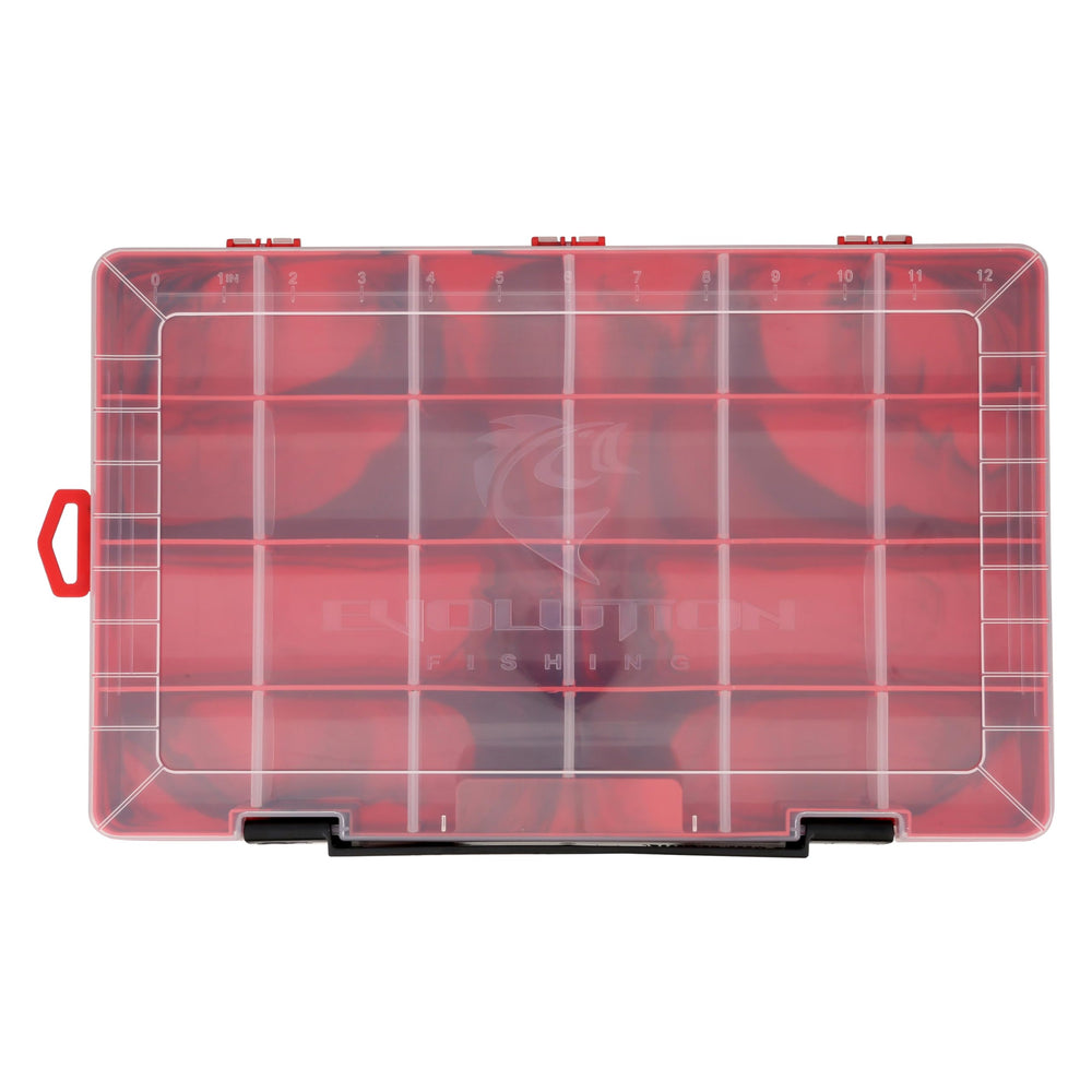 Clear lid on Evolution Drift Series tackle tray for easy content recognition.