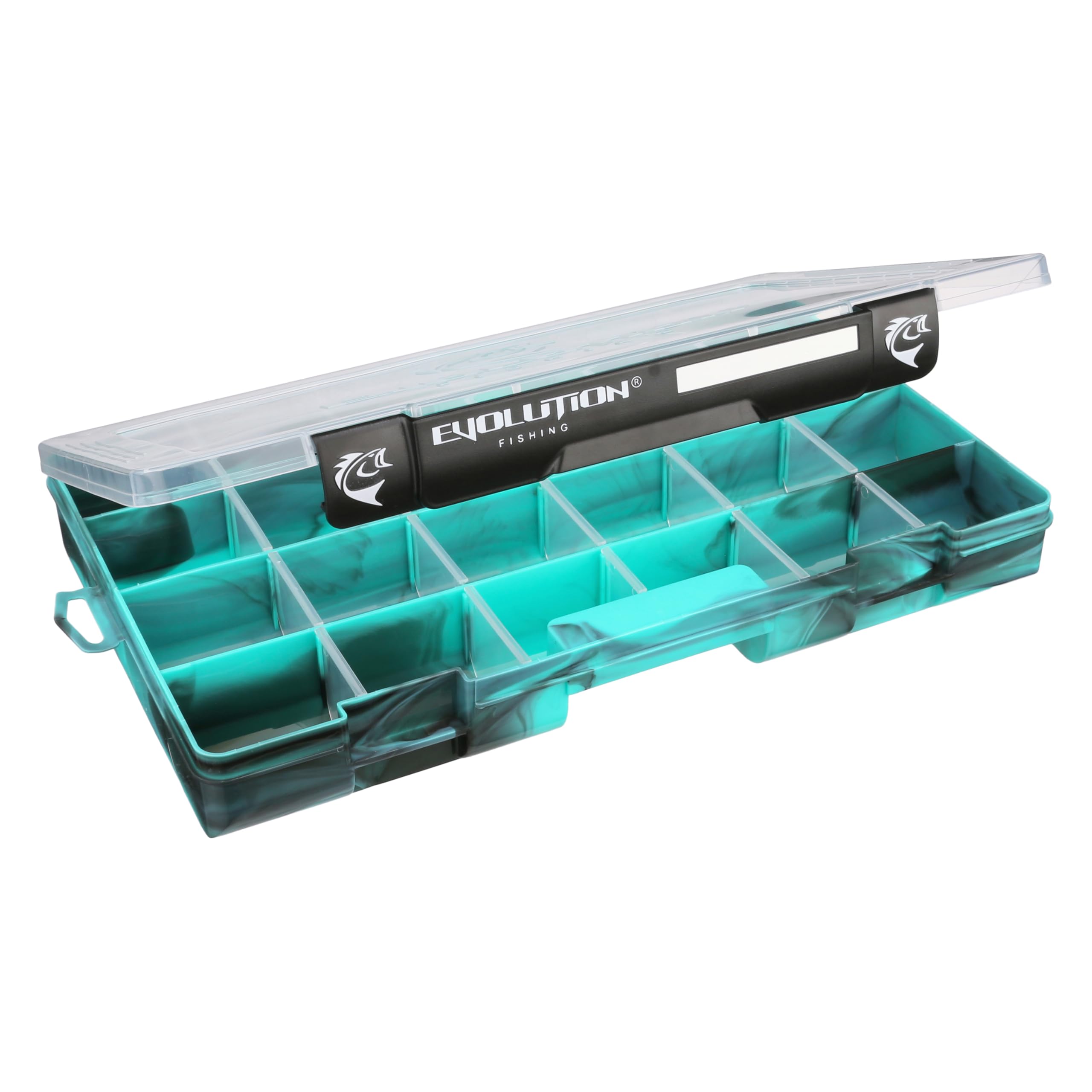 Evolution Outdoor Drift Series QuikLatch green tray on boat with removable dividers in use