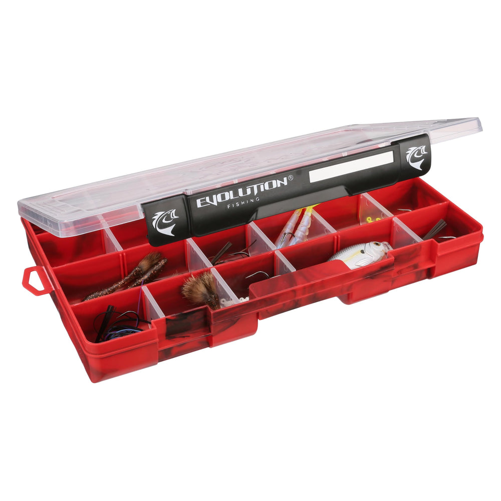 Two latch closures on Evolution Drift Series tackle tray for secure storage on the go.