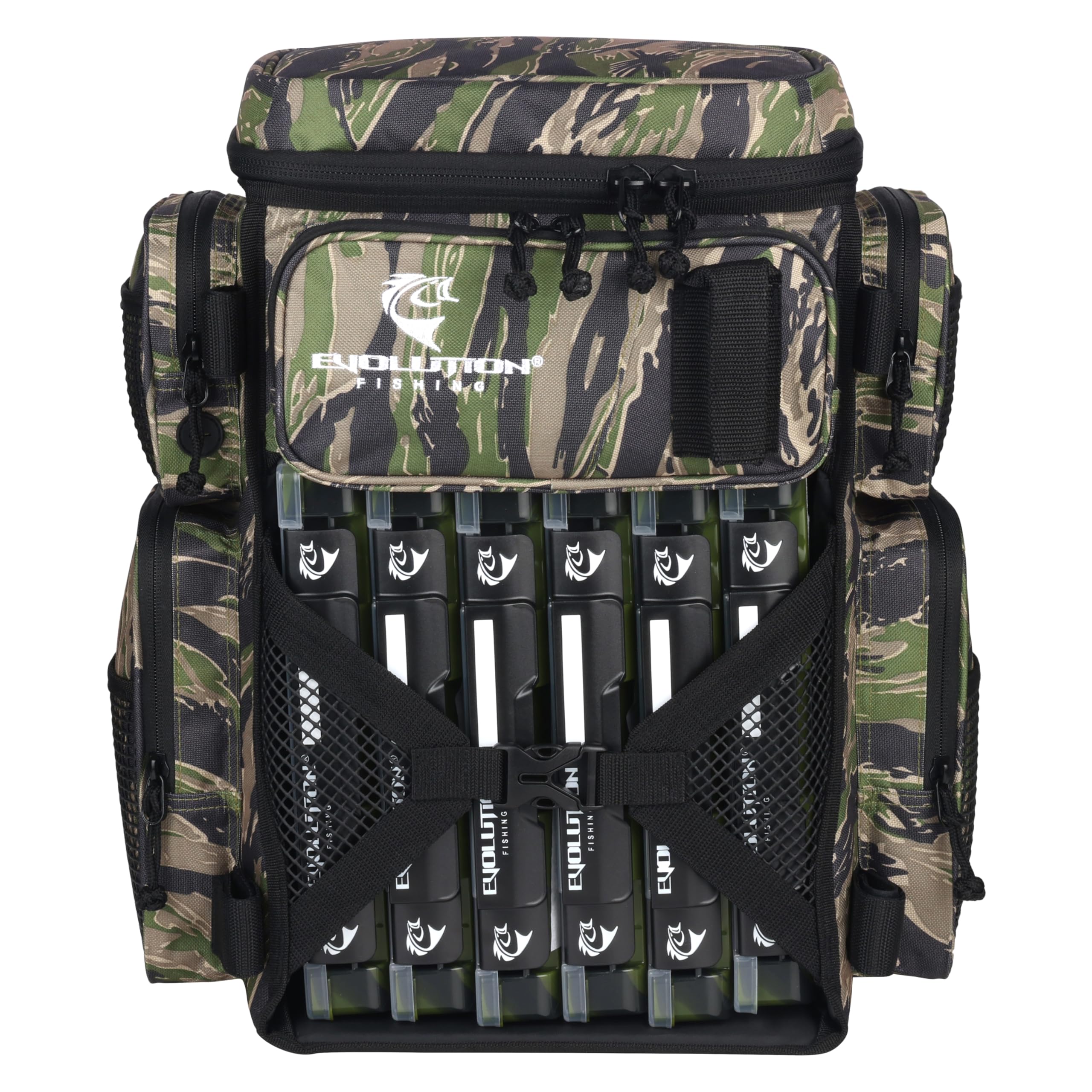 Evolution Outdoor Drift Series tiger stripe backpack ready for rugged fishing trips.