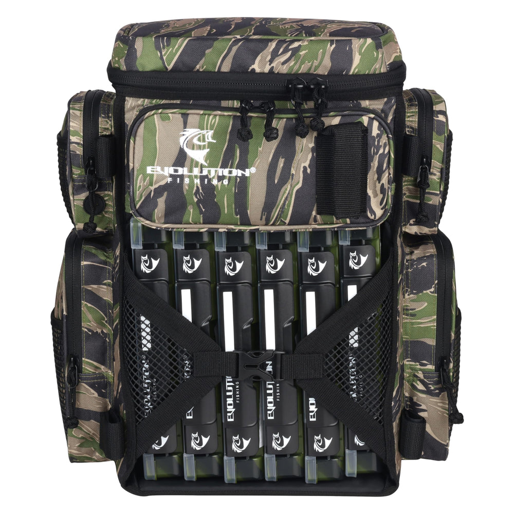 Evolution Outdoor Drift Series tiger stripe backpack ready for rugged fishing trips.