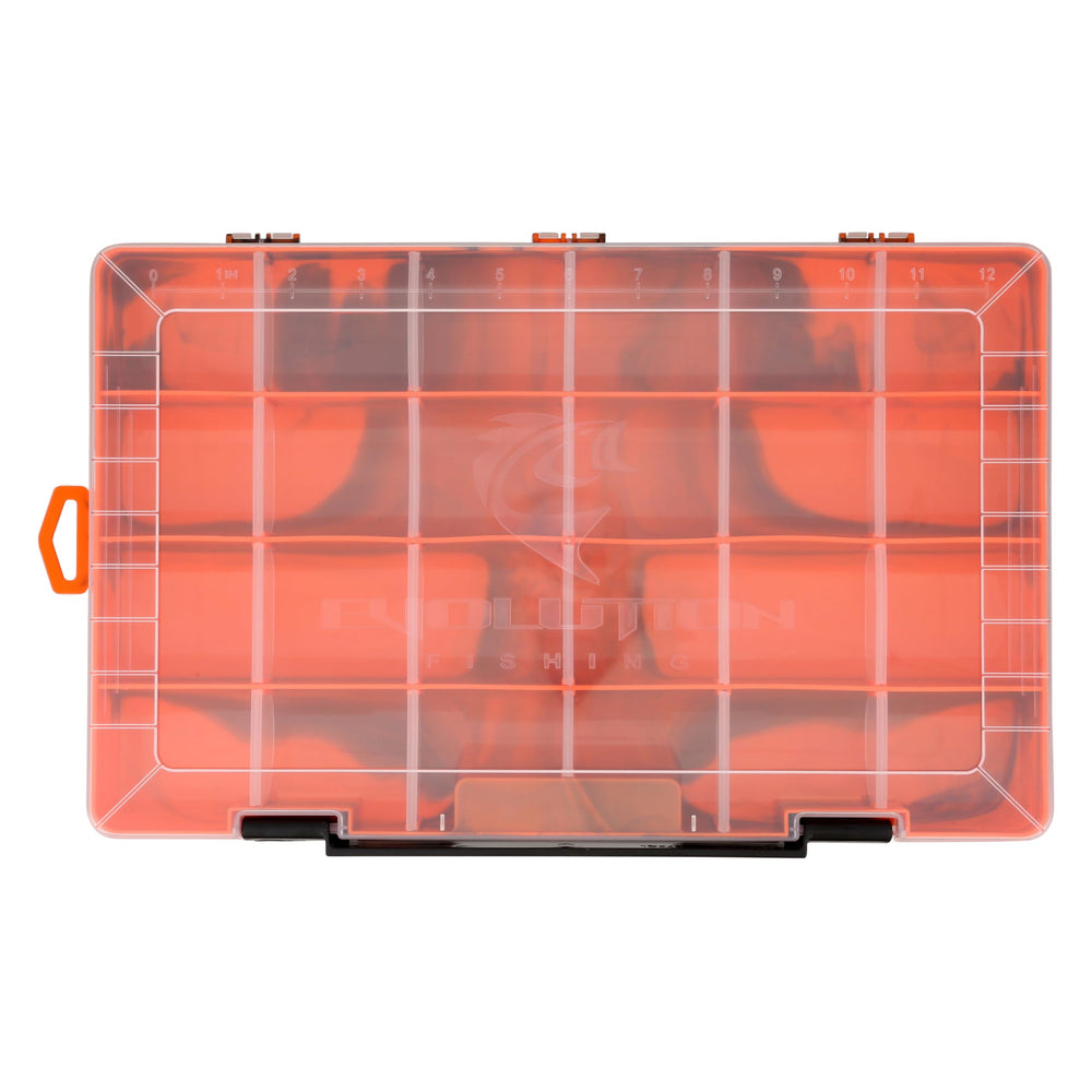 Evolution Outdoor Drift Series tackle tray shown on a boat, organized and ready for use.