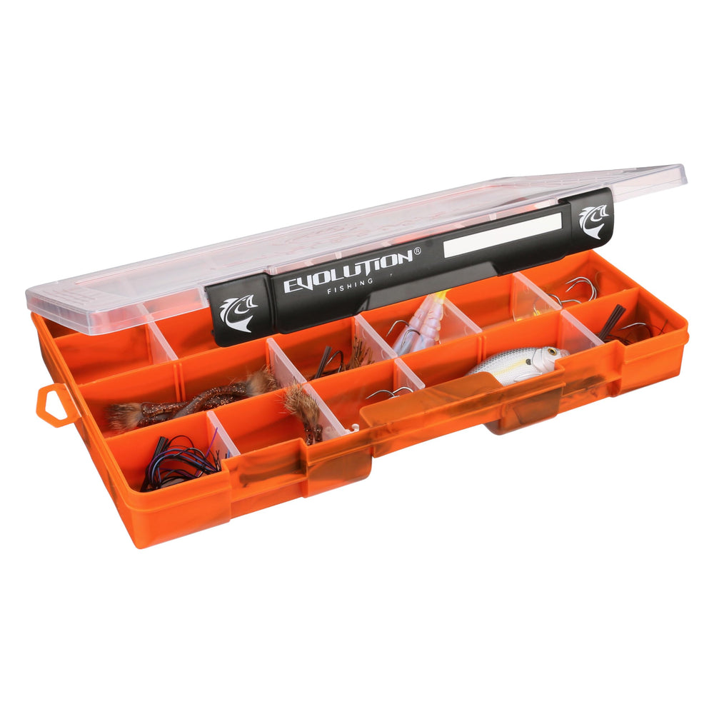 Evolution Outdoor Drift Series tray with clear lid and marbled orange finish for fast content checks.