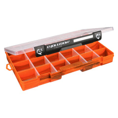 Evolution Outdoor Drift Series orange tackle tray with two latches and removable dividers for quick access.