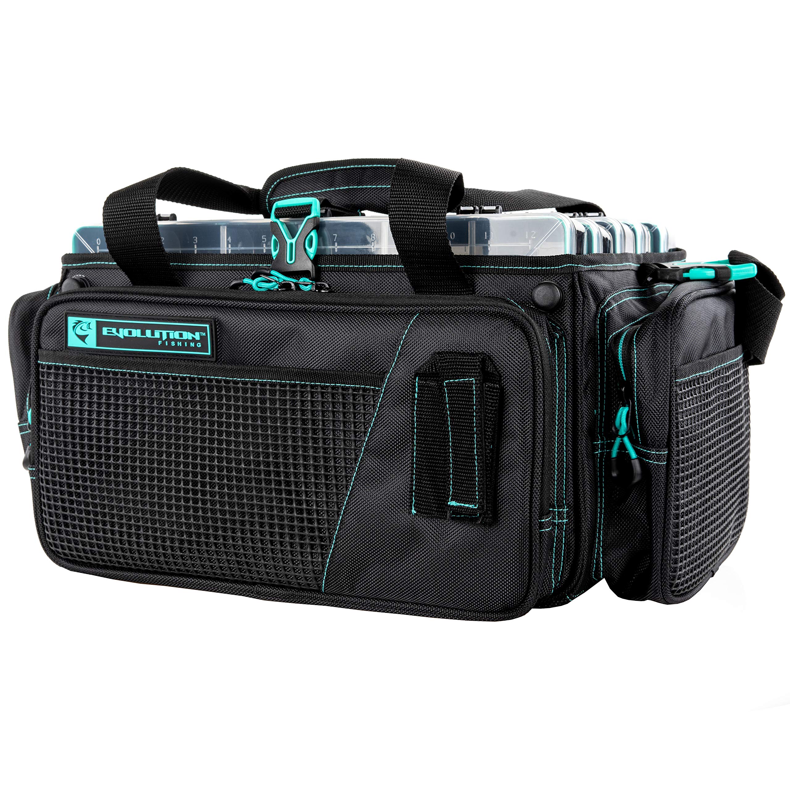 Evolution Outdoor Drift Series topless bag trays inside shows organized storage with five Seafoam trays.