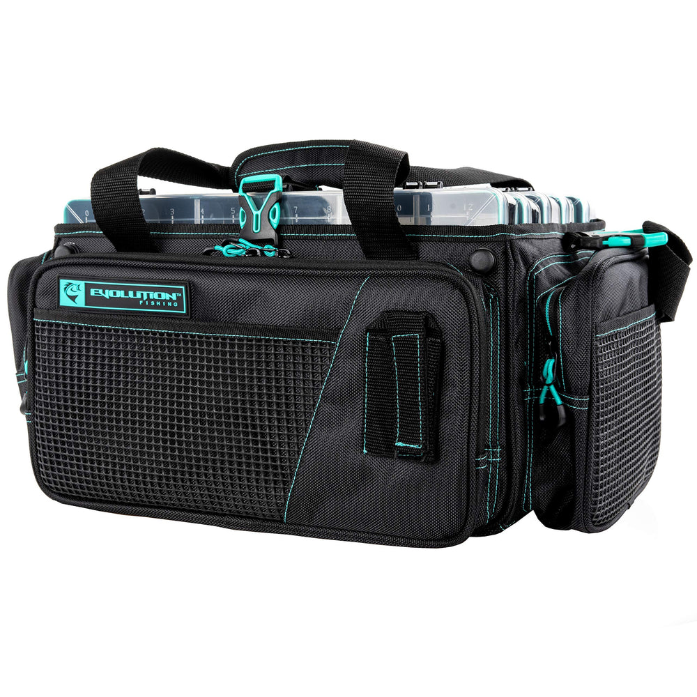 Evolution Outdoor Drift Series topless bag trays inside shows organized storage with five Seafoam trays.