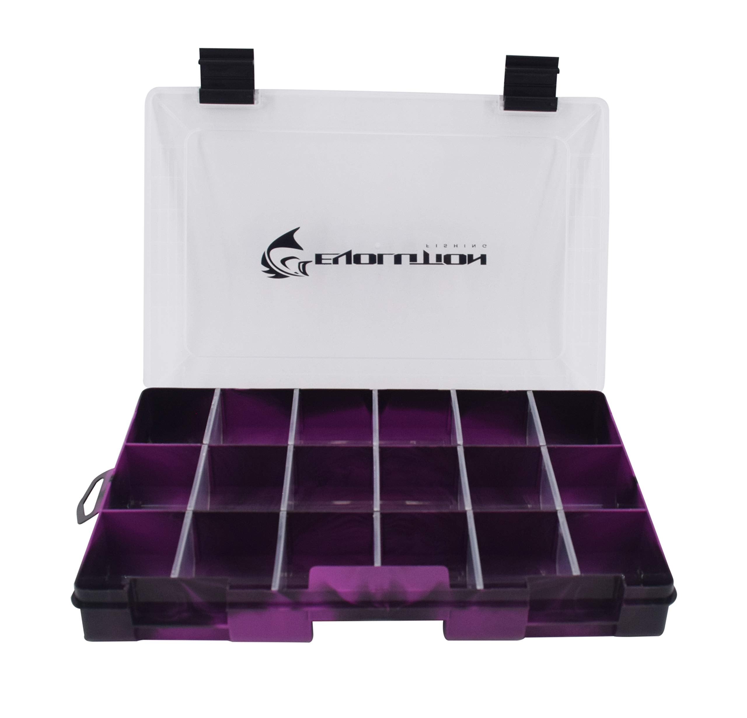 Evolution Outdoor Drift3600 QuikLatch tray with clear lid and removable dividers for quick lure access.