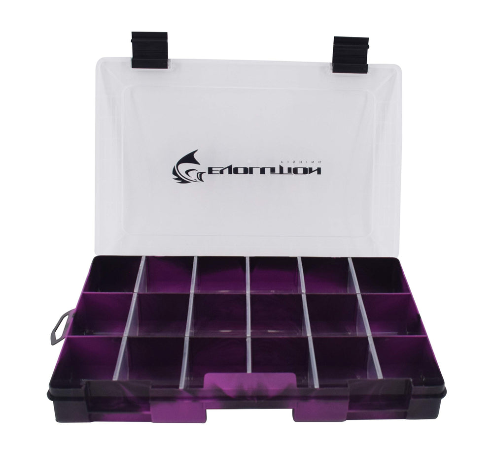 Evolution Outdoor Drift3600 QuikLatch tray with clear lid and removable dividers for quick lure access.