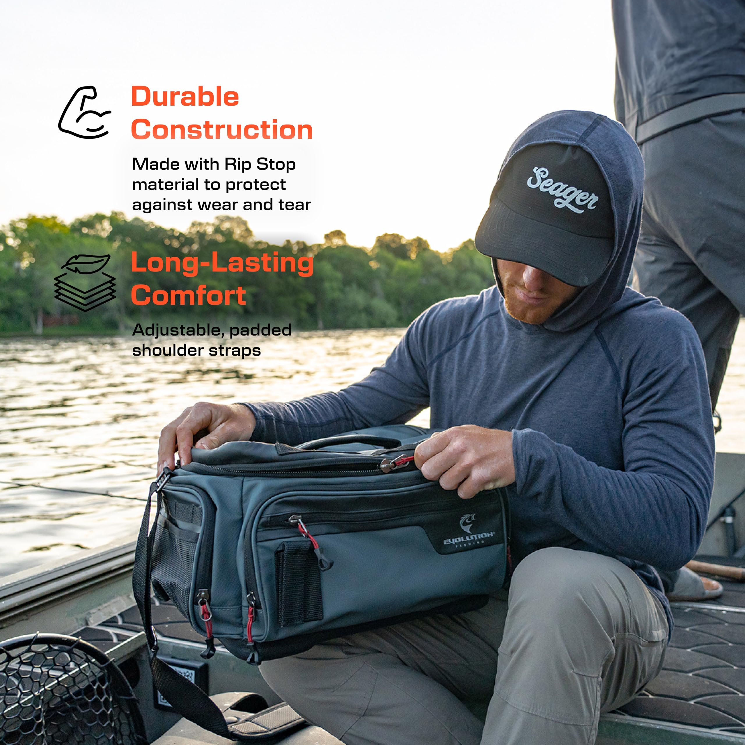 Evolution Outdoor Largemouth 3.0 padded shoulder strap aids comfort on long casts.