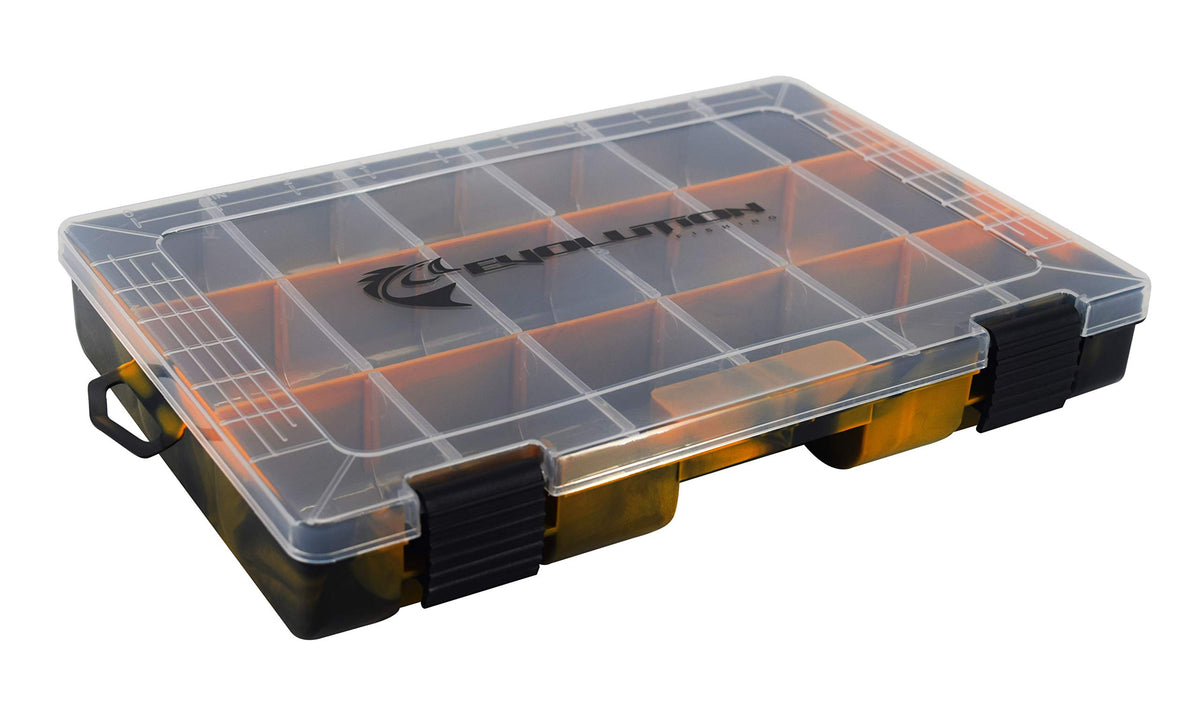 Evolution Outdoor QuikLatch tackle tray orange four-pack for quick lure access and organized storage.