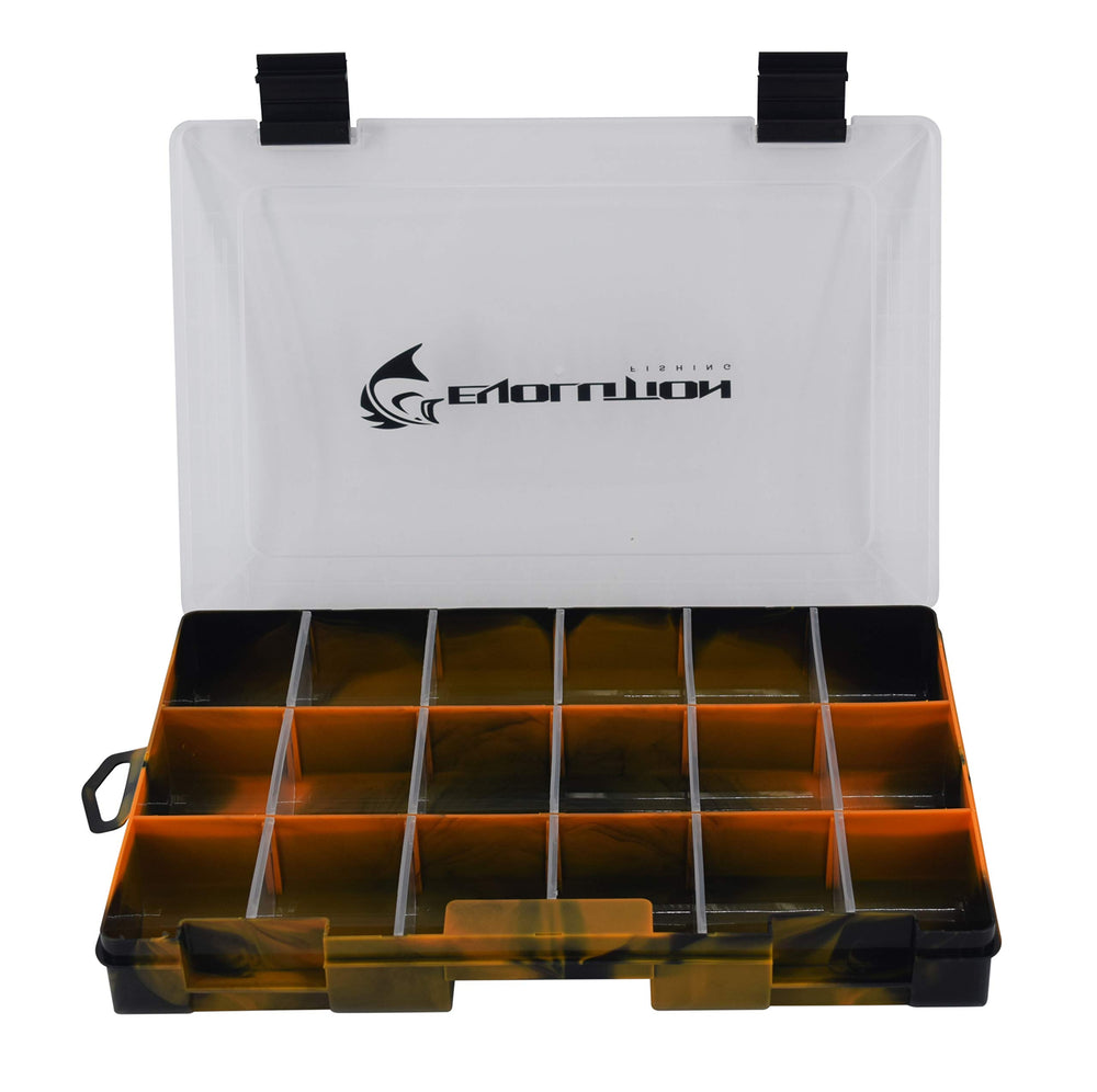 Evolution Outdoor QuikLatch tackle tray removable dividers keep gear neatly separated.