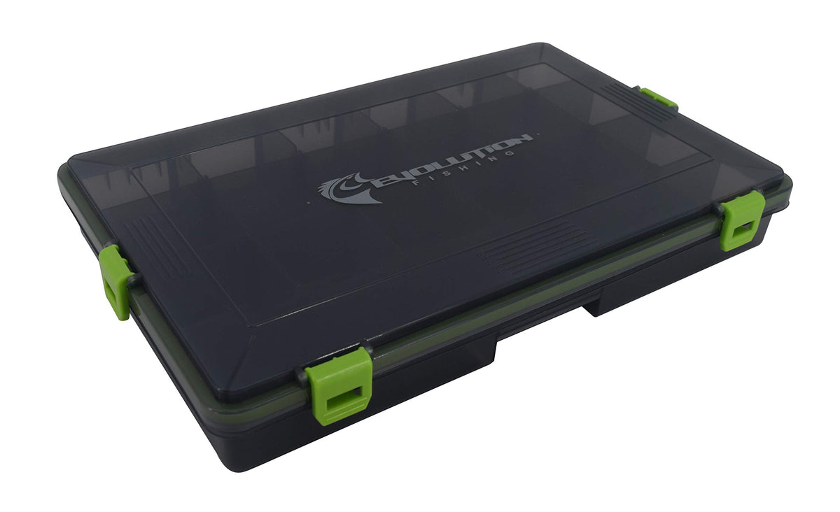 Evolution Outdoor waterproof tackle box with 4 latches keeps gear organized and secure