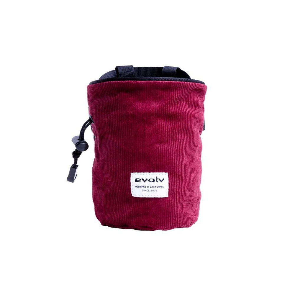 EVOLV Corduroy Chalk Bag open with chalk brush holder and waist belt for climbing