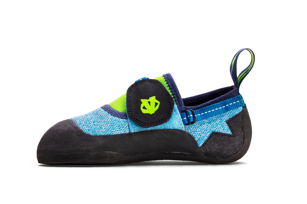 EVOLV Venga kids climbing shoe blue neon lime front view; improves grip for young climbers.