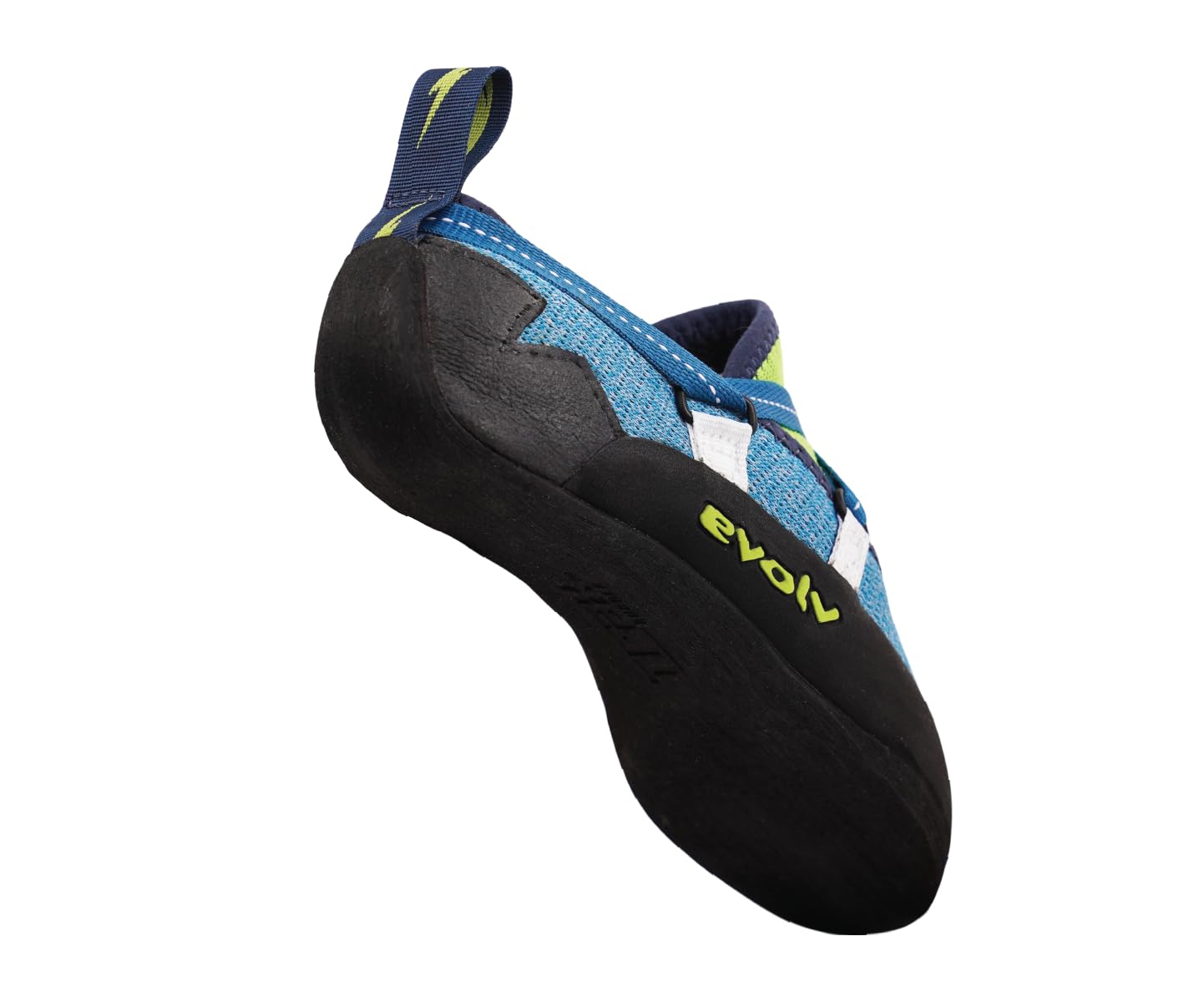 EVOLV Venga kids climbing shoe blue neon lime packaging; shows color and size options.